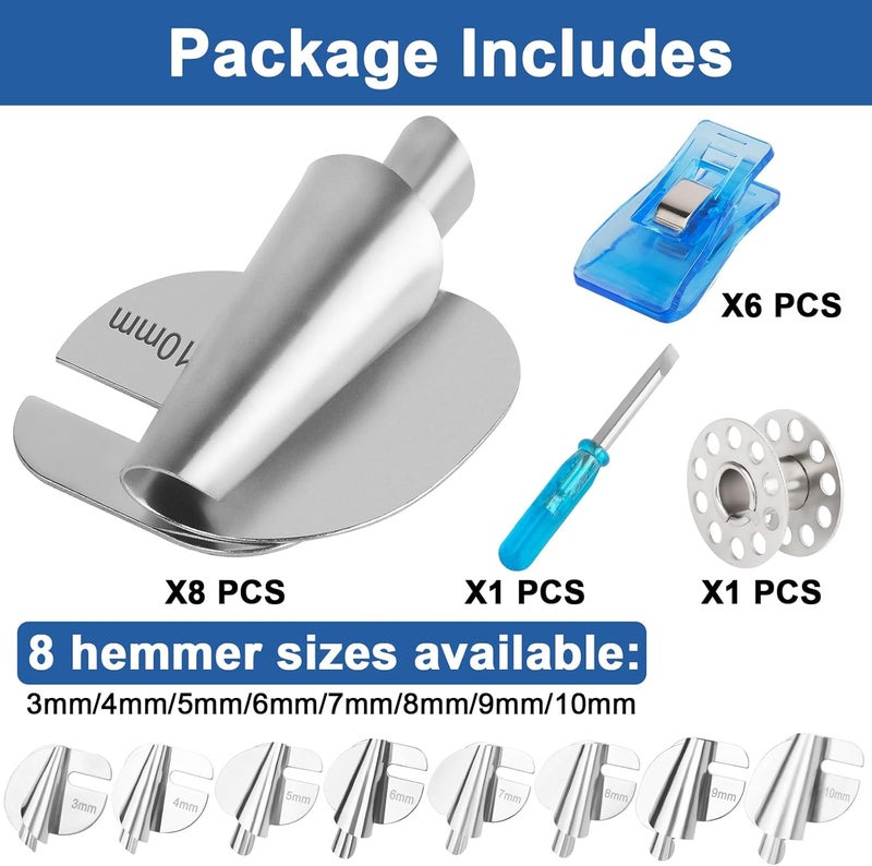 Sanchamy 2025 Upgraded Universal Sewing Rolled Hemmer Foot Set 8 Sizes Rolled Hem Presser Foot [3-10mm] Wide Rolled Hem Foot for Home Industrial Sewing Machine Sewing Supplies[8Pcs-3/4/5/6/7/8/9/10mm] - Image 2